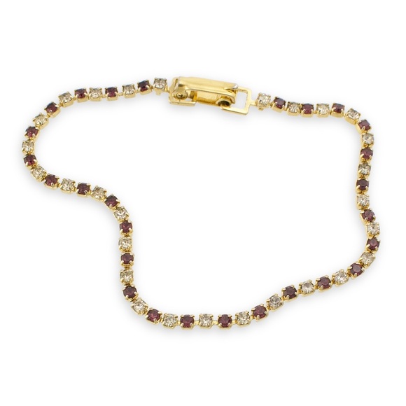 Vintage Rhinestone Tennis Bracelet Gold Plated Purple & Clear Stones - Picture 1 of 5